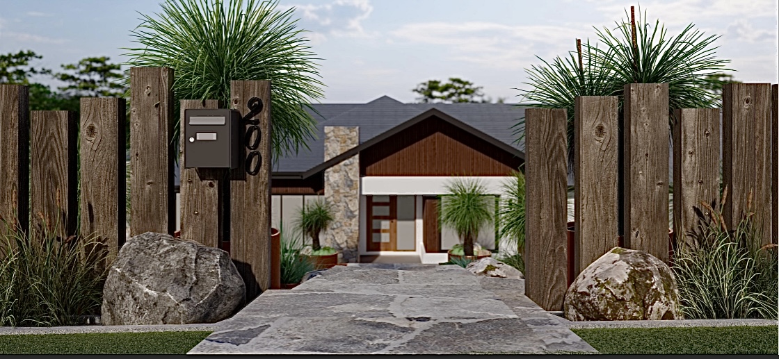 Front entry — timber post fencing, natural stone paving and boulder landscaping.