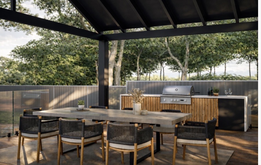 Landscape design visualisation — covered outdoor dining, custom barbecue kitchen and timber entertaining deck.