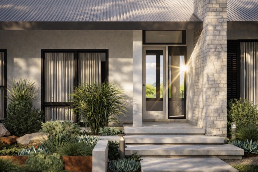 Landscape design visualisation — architectural concrete front stairs, raised planting and a resolved entry sequence.