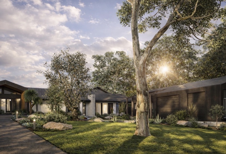 Landscape design visualisation — driveway and front landscape with mature trees, boulder accents and layered garden beds.