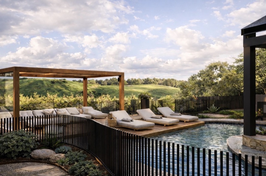 Landscape design visualisation — curved architectural concrete seat, fire bowl, stone retaining and layered planting.