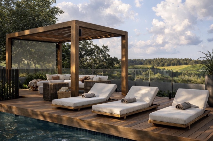 Landscape design visualisation — timber pool deck, pergola lounge, sun beds and a considered poolside retreat.