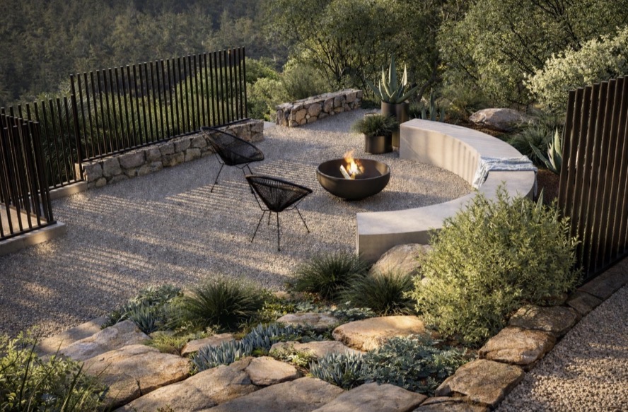 Landscape design visualisation — poolside pergola lounge, timber sun deck, glass fencing and green outlook.