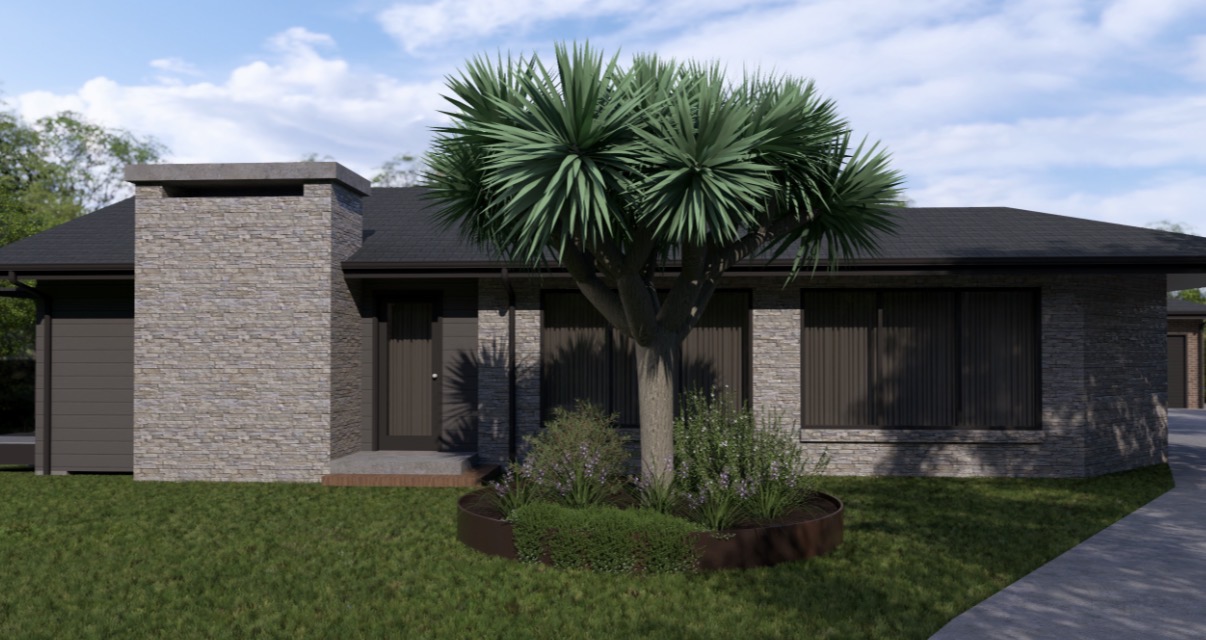 Front entry — stone-clad facade, feature dragon tree, corten bed and lawn.