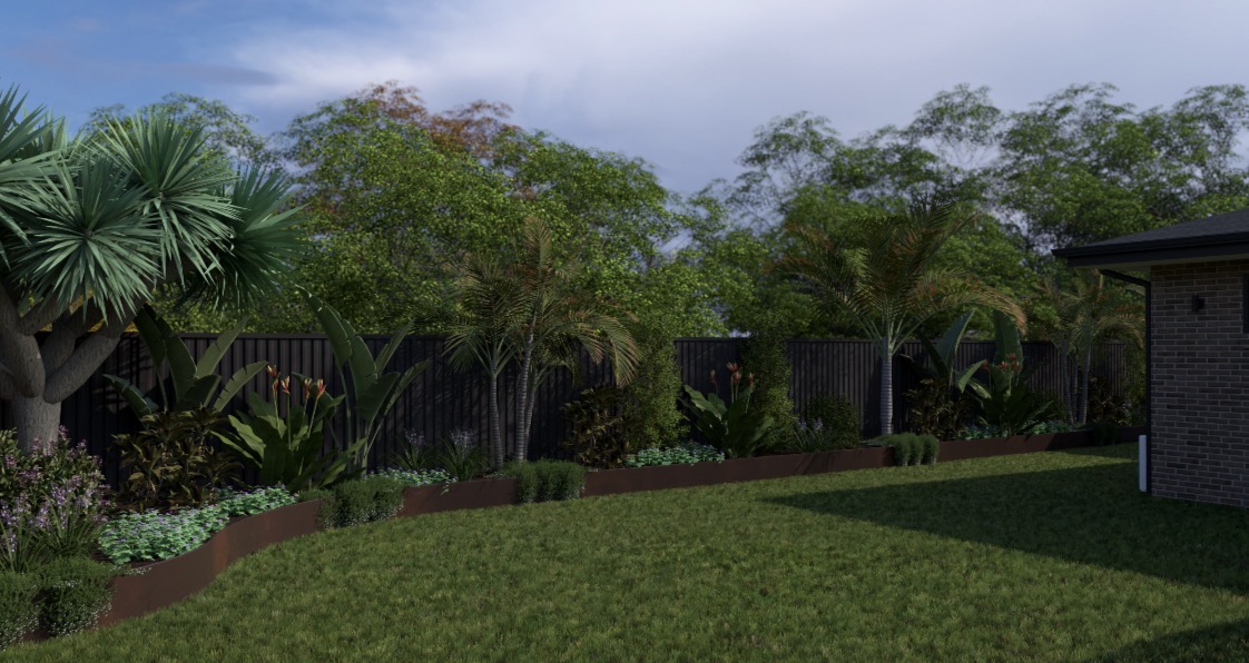 Rear garden — corten steel beds, tropical planting, palms and lawn.