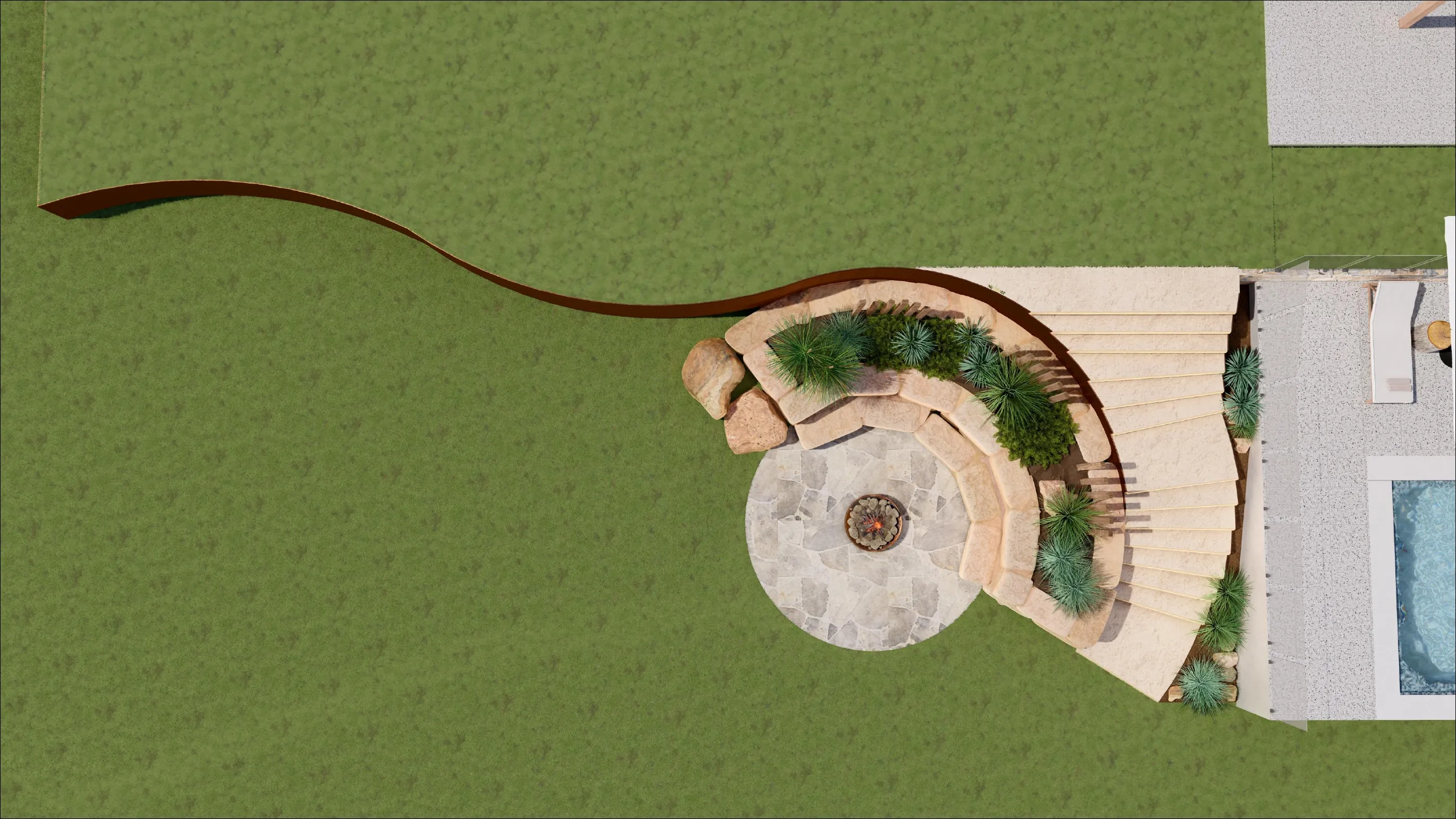 Fire pit — circular crazy paving entertaining area with sandstone seating and corten edging.