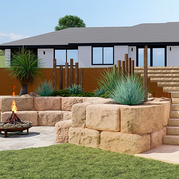 Sandstone retaining wall, fire bowl entertaining area and corten feature detail.