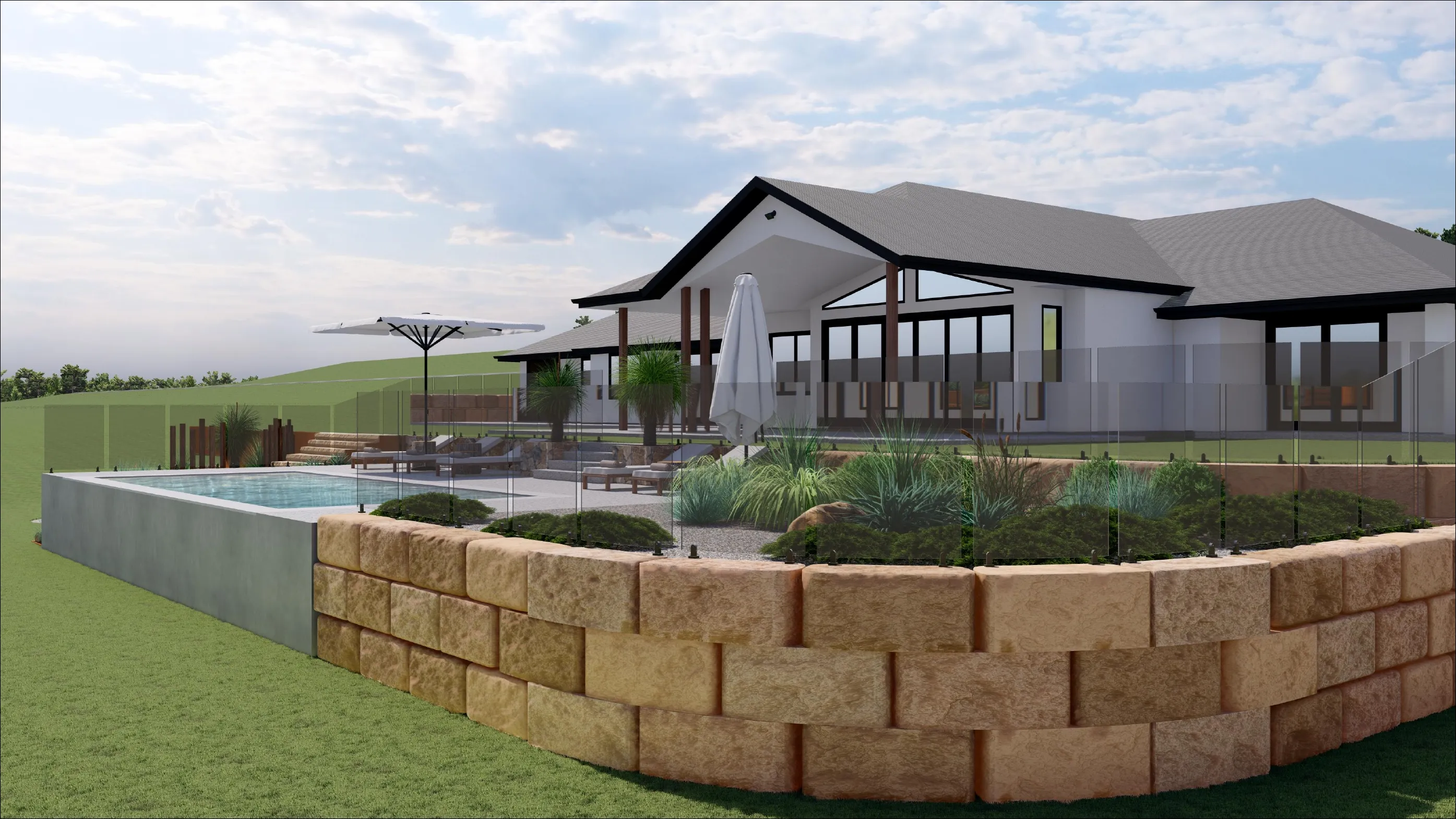 Pool area — sandstone retaining, sun loungers, glass fencing and tropical planting.