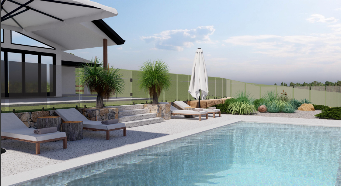 Pool terrace — sun loungers, stone retaining steps, tropical planting and glass fencing.