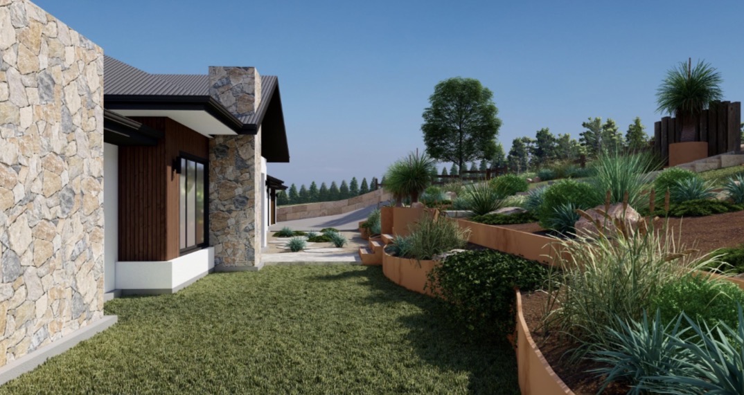 Side garden — corten steel raised beds, native planting and stone cladding.